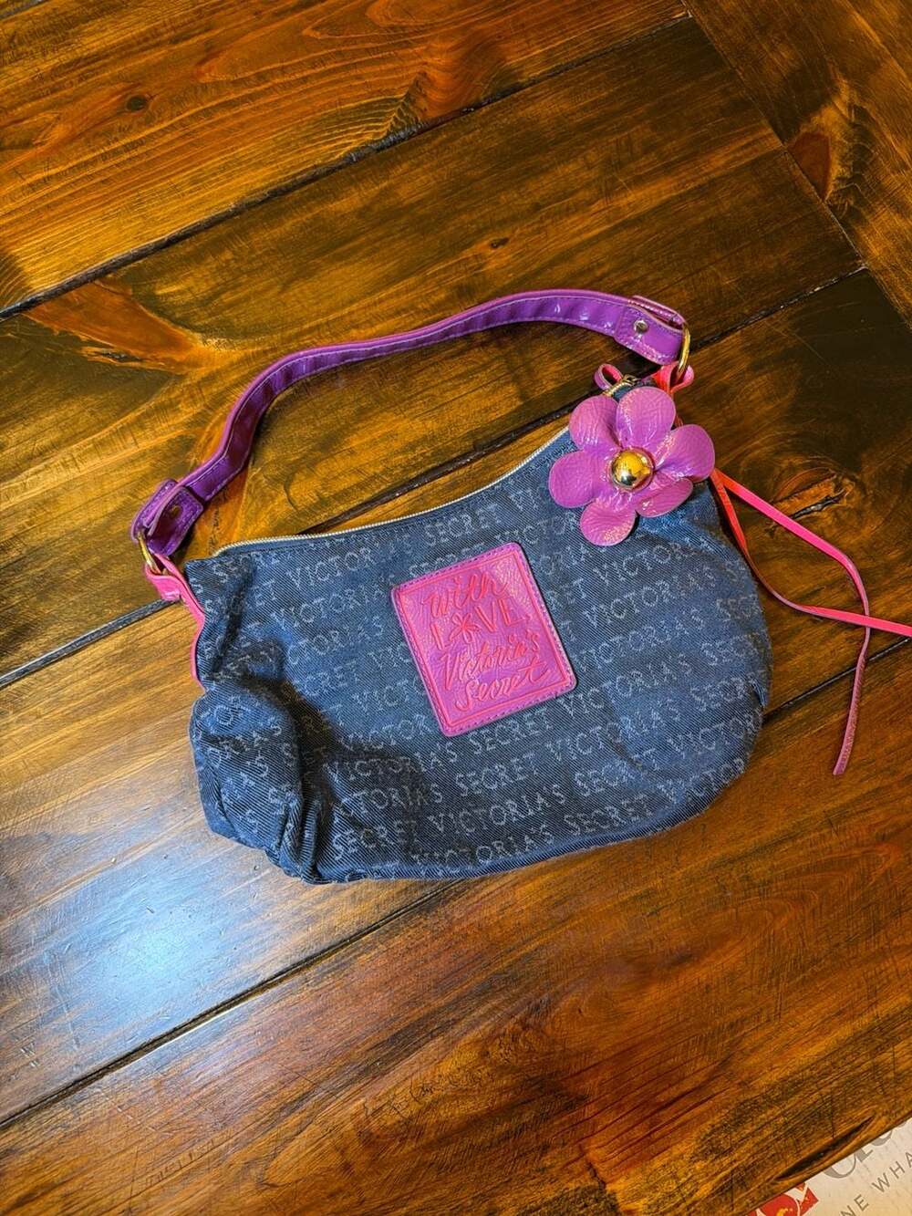 Victoria's Secret With Love Vintage Denim Monogram Hobo Bag with Flower Charm
